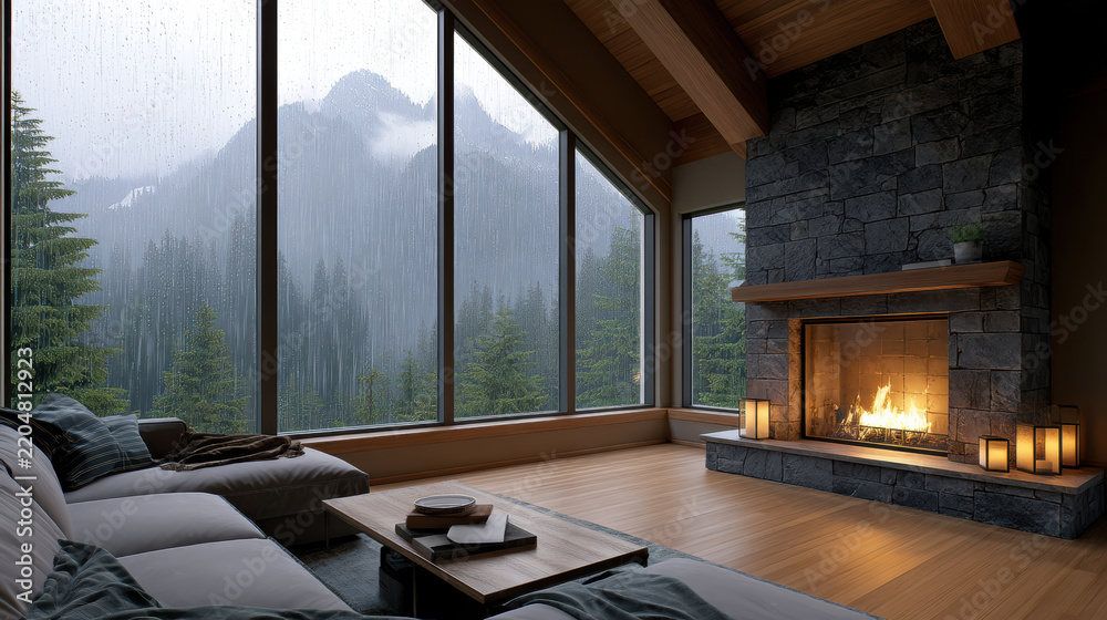 Fototapeta premium Cozy luxury mountain cabin interior with large windows, stone fireplace, rainy forest view, warm lighting