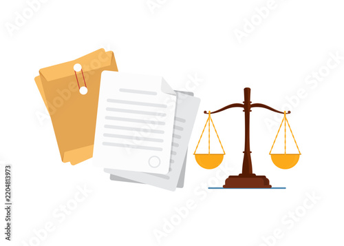 legal documents paper folder and justice scale balance illustration set