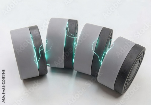 Four gray cylinders linked together by glowing green energy