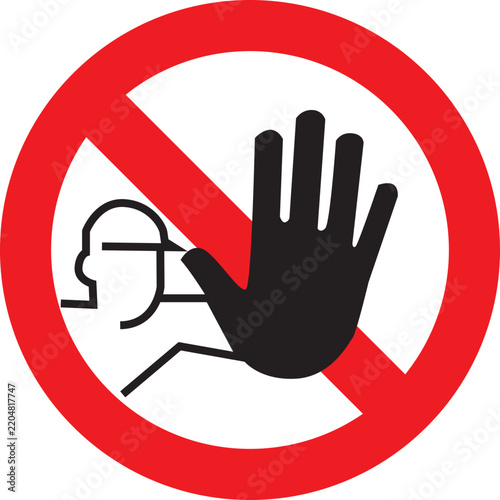 Red circular prohibition safety sign icon featuring a black hand silhouette stopping a person from reaching into running factory equipment. Isolated vector illustration for workplace hazard prevention