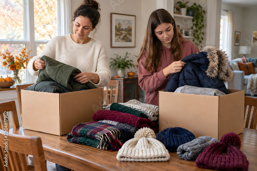 Mother and teenage daughter pack warm clothes for donation