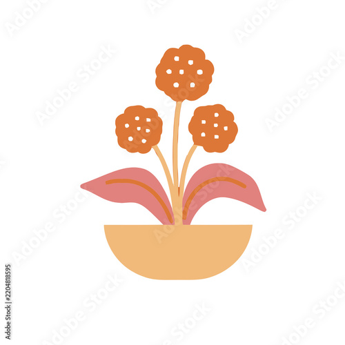 Stylized potted plant with orange flowers and pink leaves