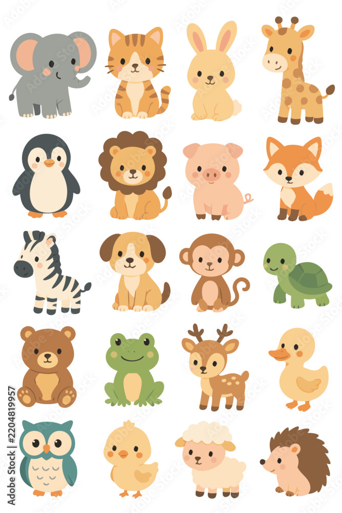 Obraz premium Poster Hewan Kawaii dalam Grid Pastel