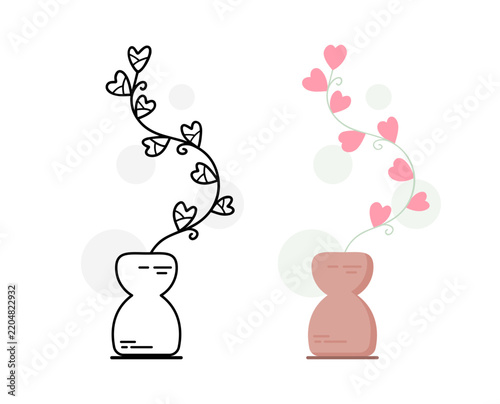 Heart Leaf Vine in Vase Line Art and Flat Style Set