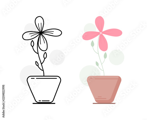 Simple Flower in Trapezoid Pot Line Art and Flat Style Set