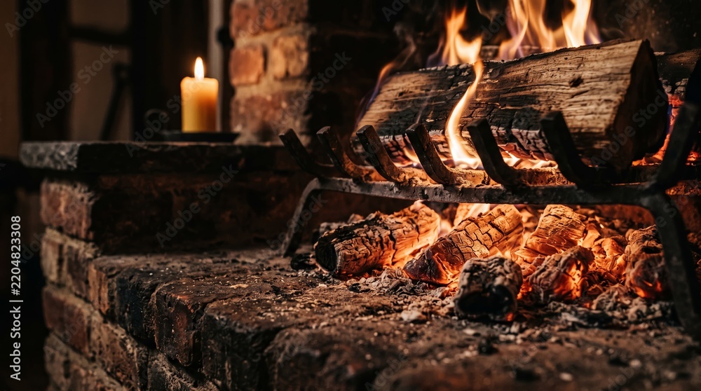 Naklejka premium A close up view of a fireplace with burning logs and a lit candle on a brick mantel. The concept is warmth, relaxation, and home ambiance, perfect for themes of comfort and tranquility. Generative AI.