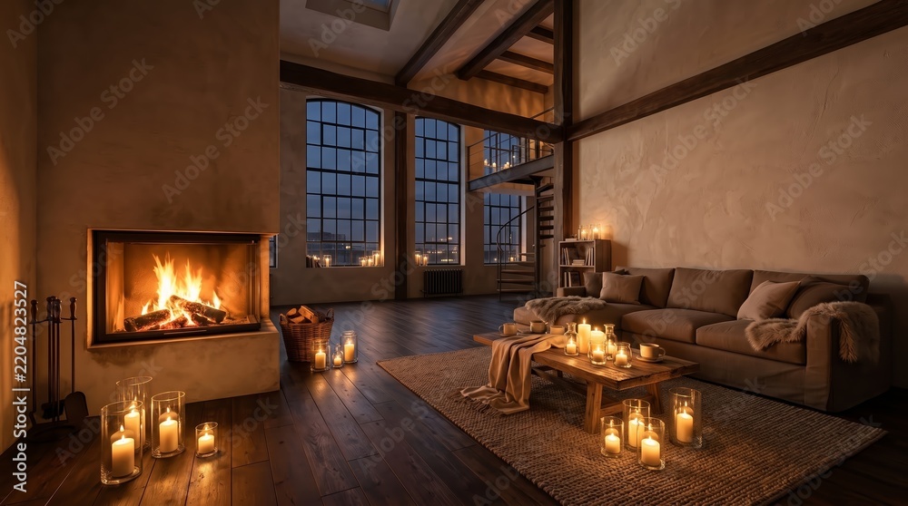 Fototapeta premium The image shows a cozy loft living room with a fireplace and numerous candles creating a warm ambiance. Concept is perfect for themes of comfort, relaxation, hygge, and interior design. Generative AI.