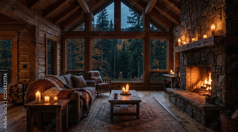 Obraz premium Warm cabin living room with large windows, fireplace, and forest view. Concept of rustic retreat, cozy living, and nature escape, perfect for lifestyle and home decor themes. Generative AI.