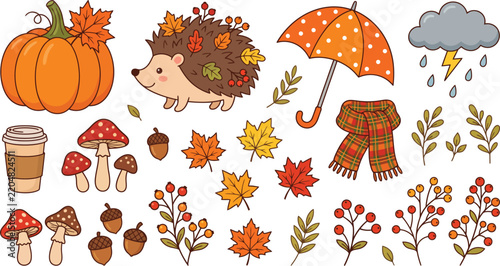 Autumn themed vector illustration featuring pumpkins hedgehogs and falling maple leaves