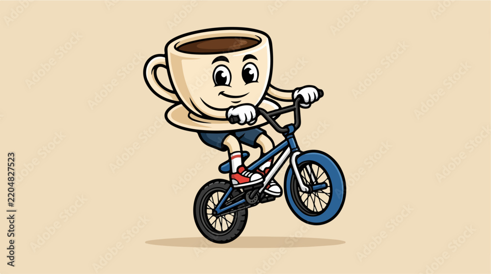 Obraz premium Cartoon coffee cup character performing stunts on a BMX bike.