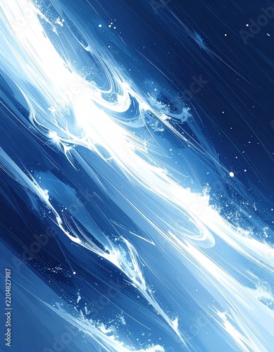 Abstract Swirling White Streaks on Deep Blue Background