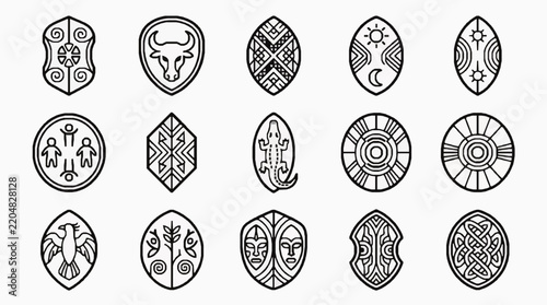 Black and white tribal symbol set with ethnic shields and ancient patterns