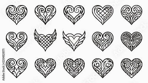 Set of black and white tribal heart icons with intricate ornamental scrollwork