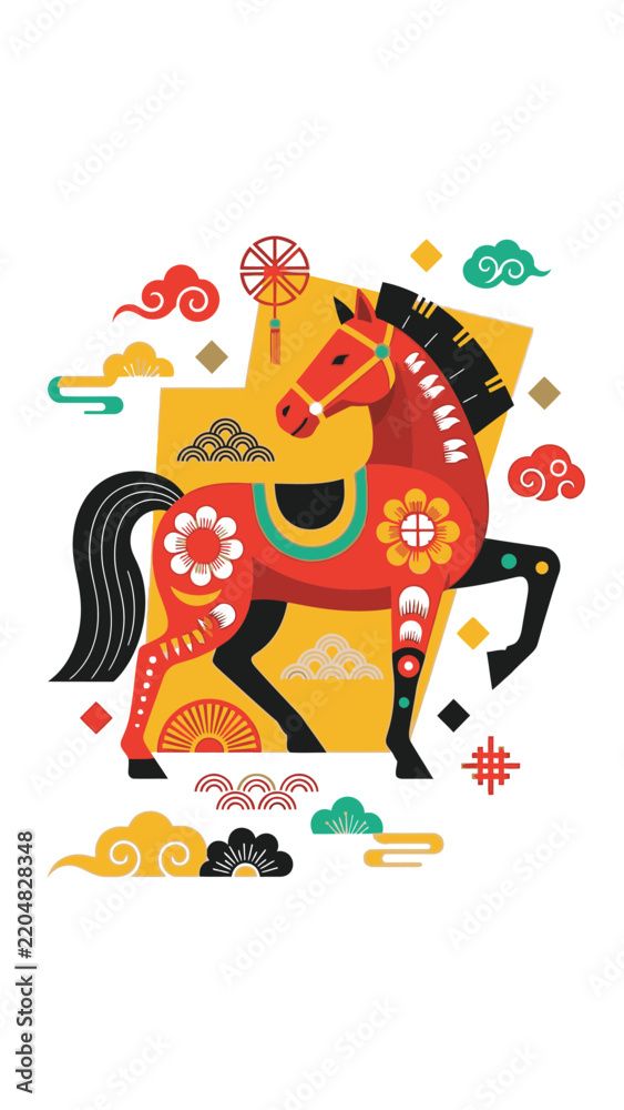 Obraz premium Vibrant Chinese New Year horse illustration with traditional elements.