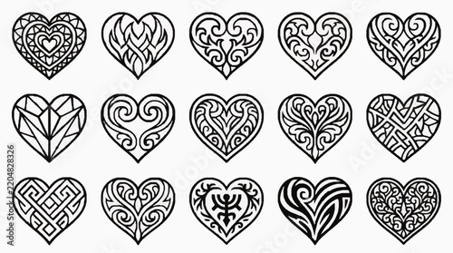 Set of black and white hand drawn ornate heart shapes for romance symbols