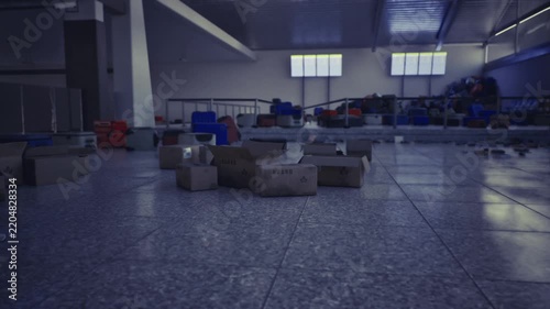 Dim closed terminal with scattered suitcases under industrial lighting, empty concourse and distant storage piles, maintenance signals and overnight caretaking