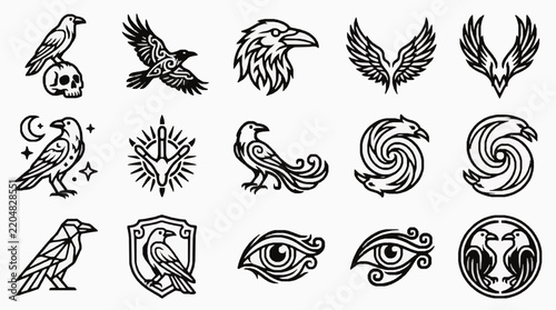 Black and white crow and raven icons set with tribal tattoo vector art