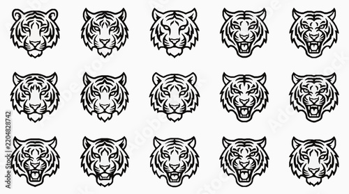 Black and white tiger head icons set featuring fierce wild animal mascot art