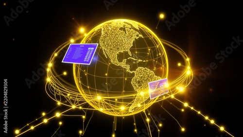 Glowing globe depicts worldwide connections. Digital data streams orbit Earth, symbolizing global network infrastructure. Bright lights accentuate connectivity.