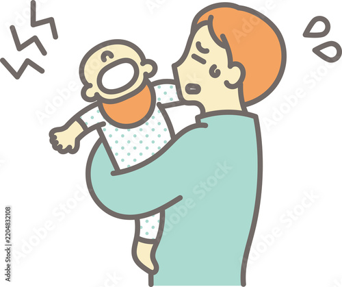 ギャン泣き、夜泣きをする赤ちゃんをあやす育児疲れのお父さんのイラスト