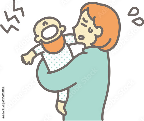 ギャン泣き、夜泣きをする赤ちゃんをあやす育児疲れのお母さんのイラスト
