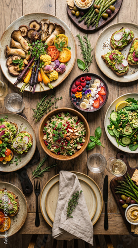 Gourmet vegan feast arranged on rustic wooden table with salads and vegetables  