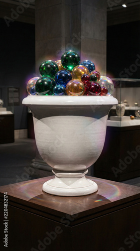Elegant white ceramic urn filled with colorful glass orbs in a gallery  