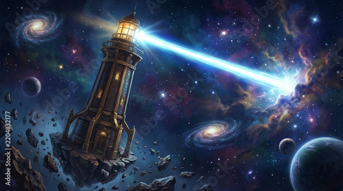 Interstellar lighthouse emitting light beam in a cosmic galaxy   