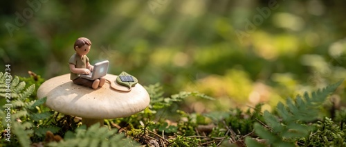 Miniature Boy Working on Laptop Powered by Solar Leaf on Forest Mushroom