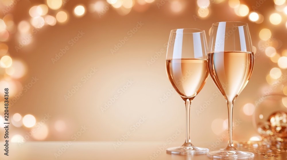 Fototapeta premium Two champagne glasses with warm golden bokeh lights background for celebration
