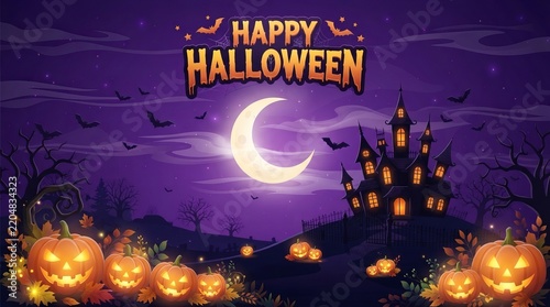 HAPPY HALLOWEEN 2D Vector Illustration with Haunted House and Crescent Moon