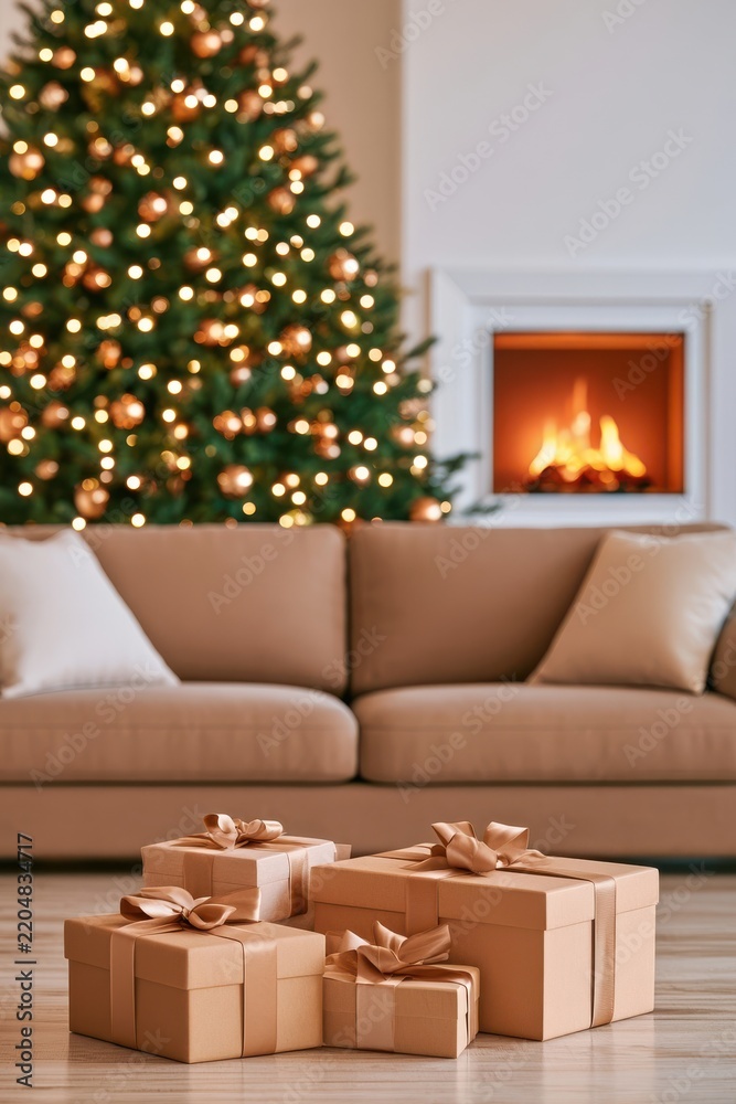 Fototapeta premium Decorated Christmas tree glowing with warm fairy lights beside gift boxes and fireplace