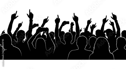 Crowd silhouette with raised hands against a white background