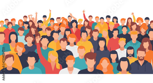 Large group of people illustration with raised hands on a white background