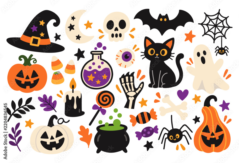 Obraz premium Cute Halloween Icon Set with Pumpkin Ghost Black Cat Potion and Spooky Elements