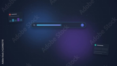 Digital search bar interface with animated dropdown results and data charts for web application UI