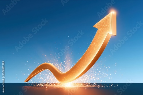 Glowing golden upward arrow made of sparkling particles against blue gradient background
