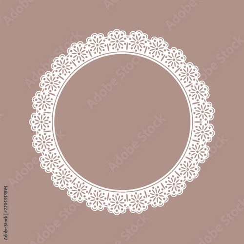 Vector circular lace frame with intricate flower motifs and scalloped ornament on blush background. Elegant vintage coquette design complements wedding stationery and labels.