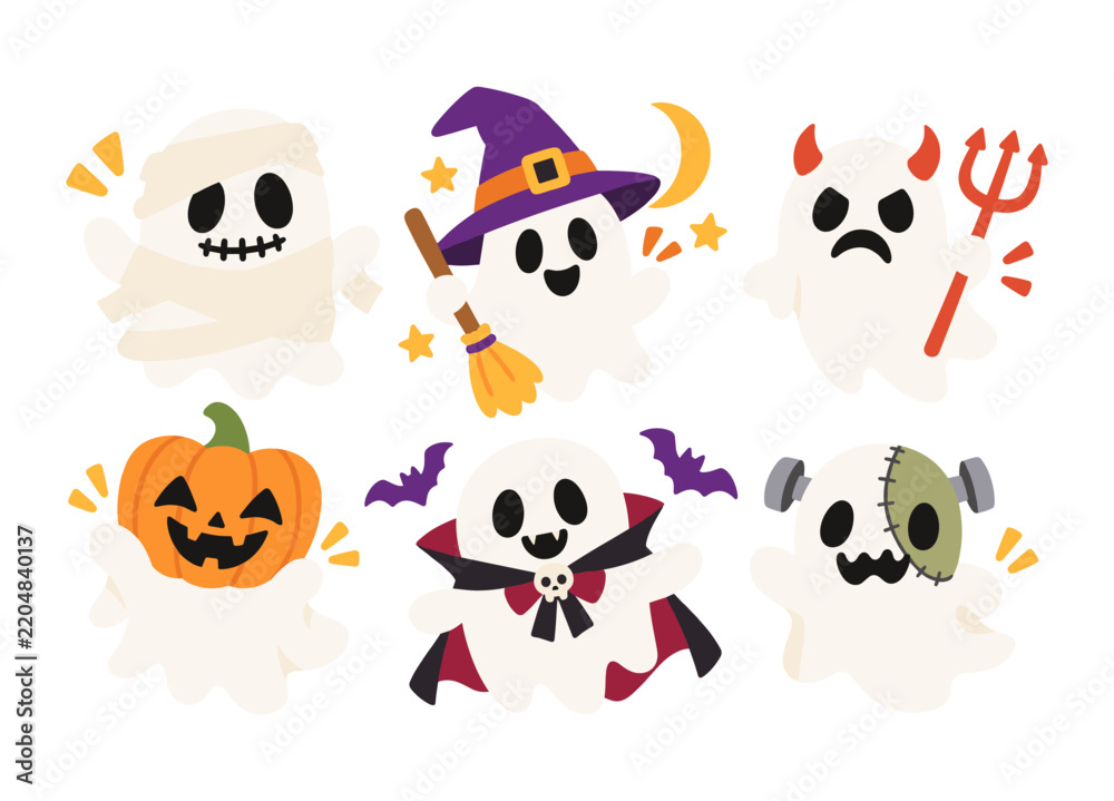 Obraz premium Cute Halloween Ghost Costume Character Set with Witch Mummy Devil and Vampire