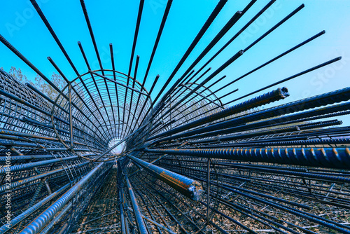 Reinforcing steel cage for concrete pile at construction site