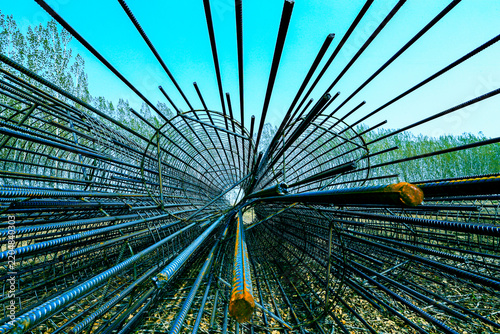 Reinforcing steel cage for concrete pile at construction site