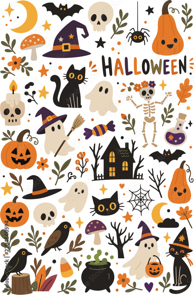 Fototapeta premium Cute Halloween Character and Object Collection with Ghosts Pumpkins Cats and Haunted House