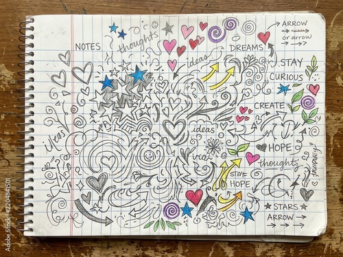 Doodle Art of Hearts, Stars, and Arrows on Lined Paper