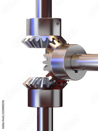 Bevel gears transmitting power on transparent background 3d