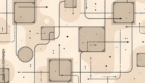 The image features a complex diagram composed of interconnected geometric shapes, primarily squares and circles, with thin lines and arrows indicating movement or flow between them