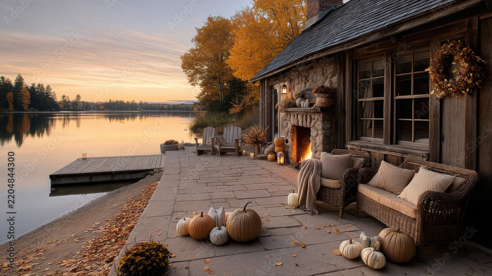 Fototapeta premium Lakeside log cabin patio with cozy seating, autumn pumpkins, fireplace, and calm water at sunset