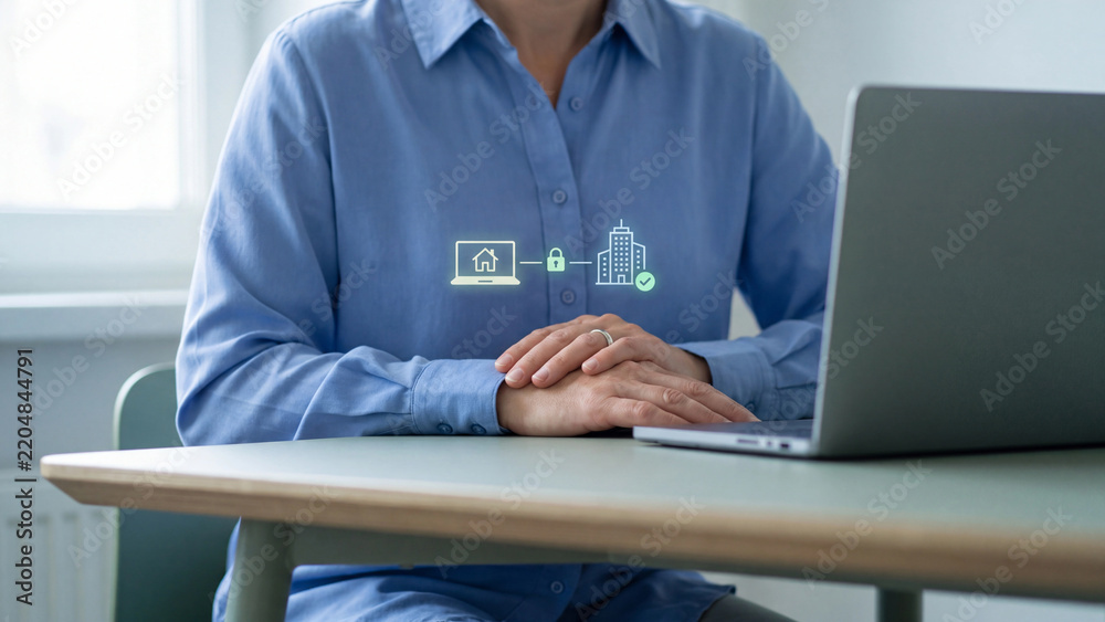 Fototapeta premium Remote work VPN and cybersecurity access concept, woman with laptop and home to office network hologram with checkmark for encrypted hybrid work connection