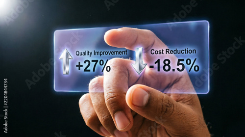 Businessman touching digital chart showing rising quality and decreasing cost performance data.