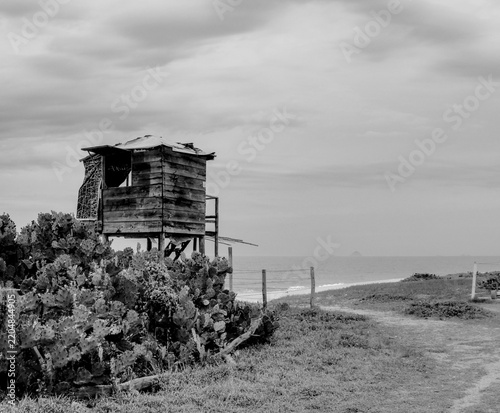 Fotografie Rustic wooden lifeguard hut on a beach, black and white fine art photography