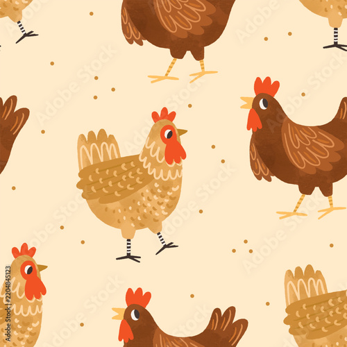 Chicken pattern, seamless farm background with cute hens. Seamless pattern, f...